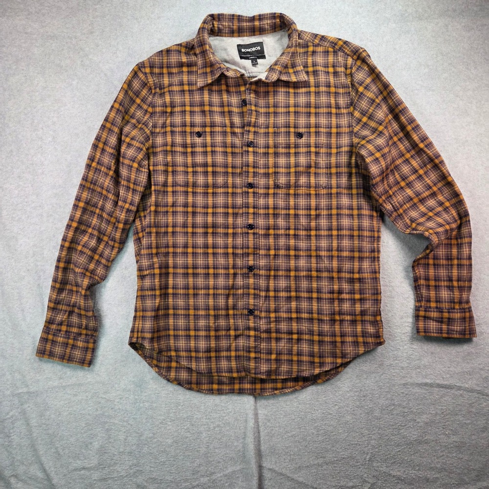 Bonobos Flannel Shirt Mens L Mustard Yellow Plaid Jersey Lined Standard Fit